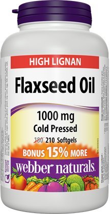 Webber Naturals flaxseed oil softgel bottle with 210 capsules, 1000mg each, easy daily supplement