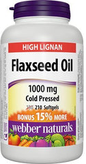 Webber Naturals flaxseed oil softgel bottle with 210 capsules, 1000mg each, easy daily supplement
