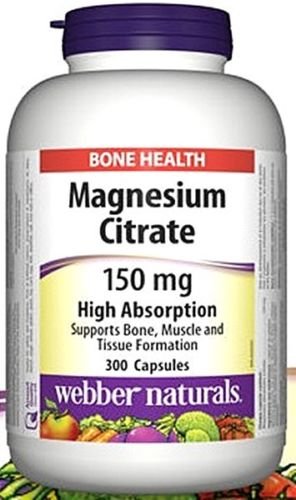 Webber Naturals Magnesium Citrates bottle with 300 capsules for daily mineral intake and high absorption