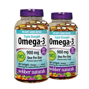 Webber Naturals Triple Strength Omega-3 900mg bottle front, two-bottle set for daily wellness support
