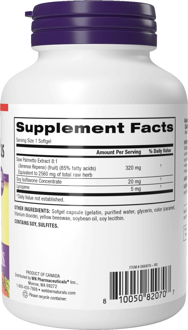 Webber Naturals Ultra Saw Palmetto Plus gluten-free badge on packaging.