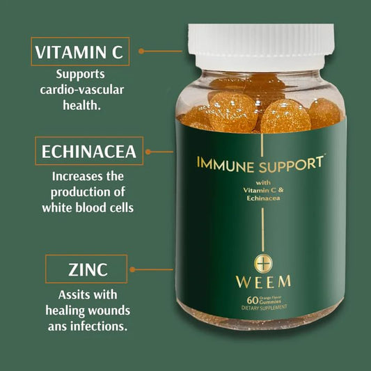 WEEM elderberry echinacea gummies close-up for immune-support routine.