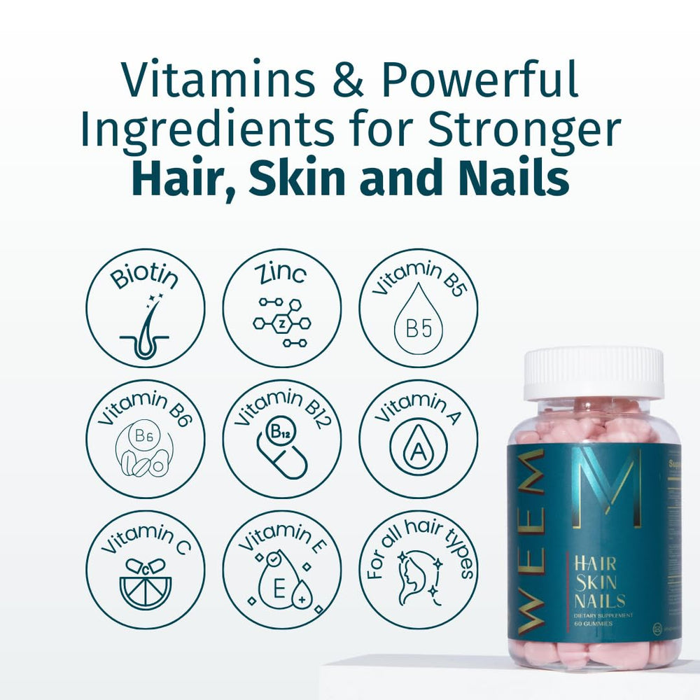 WEEM Gummies closeup shows vibrant treats aiding healthy hair and nails.