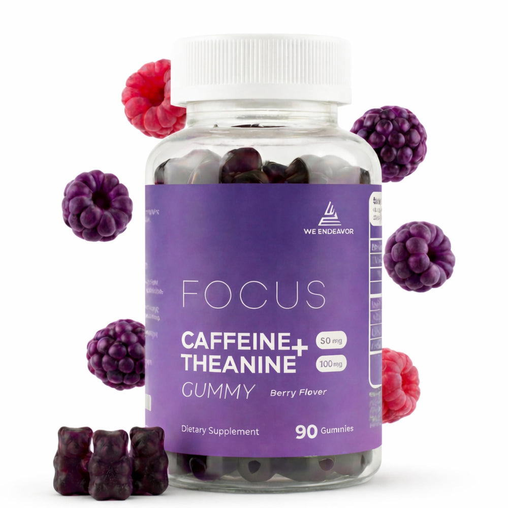 We Endeavor caffeine + L-Theanine berry gummy bottle supports calm, focused energy for work.