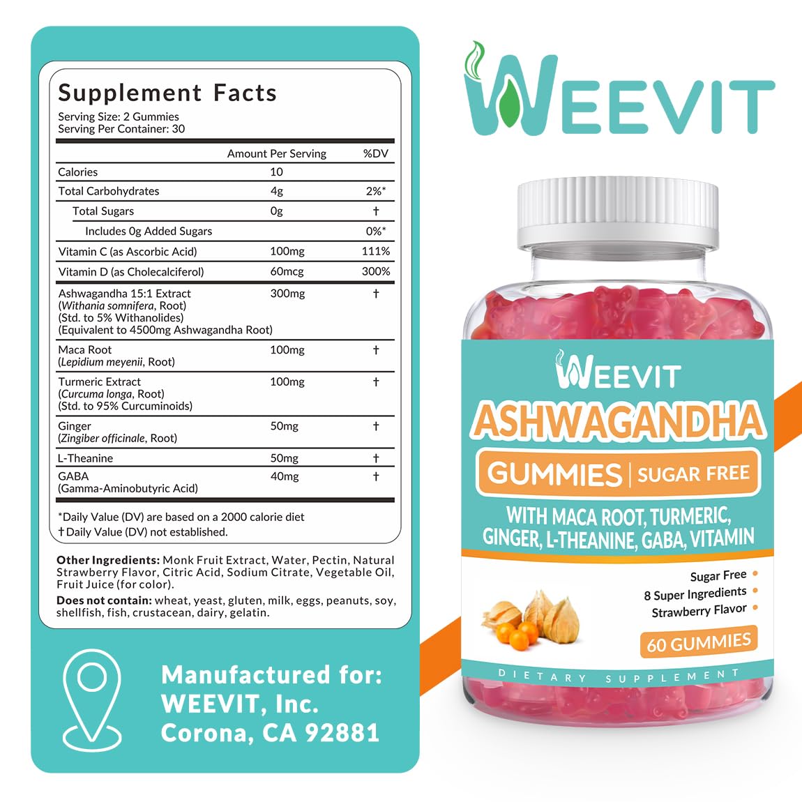 Close-up of Weevit gummies showcasing organic ingredients and strawberry flavor.