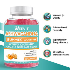 Ingredients panel featuring ashwaganda, maca, turmeric, ginger, and vitamins.