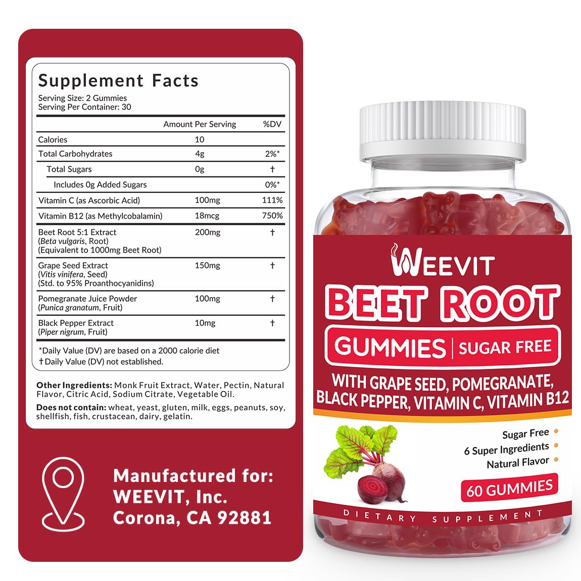 WEEVIT Beet Root Gummies jar full on wood surface for daily use.