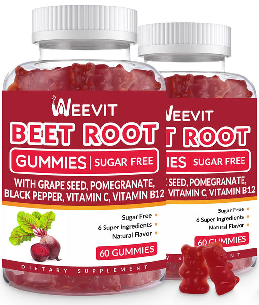 WEEVIT Beet Root Gummies pack closeup, highlighting a portable vegan supplement.
