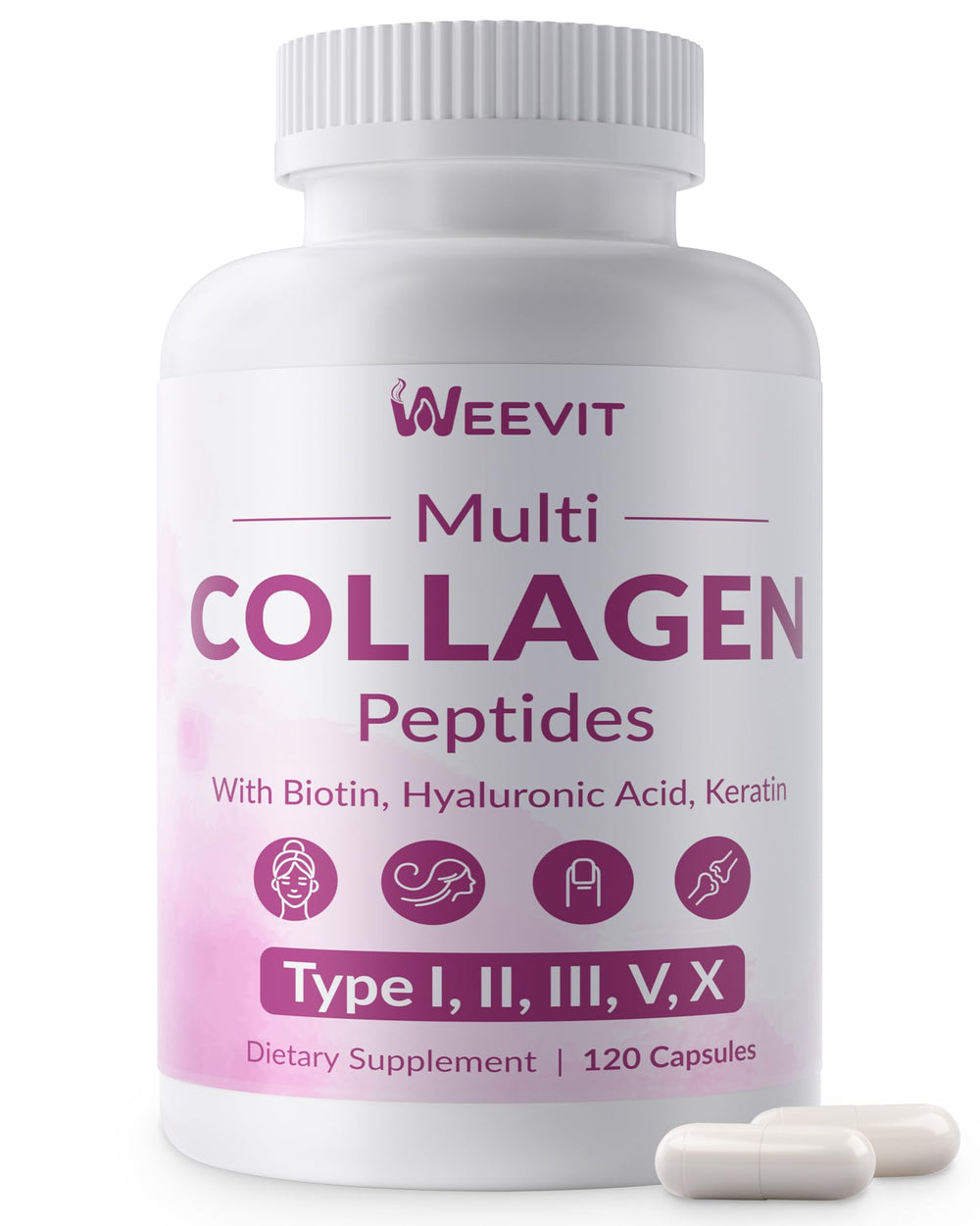 WEEVIT collagen peptides bottle closeup highlights 1500mg formula for radiant skin