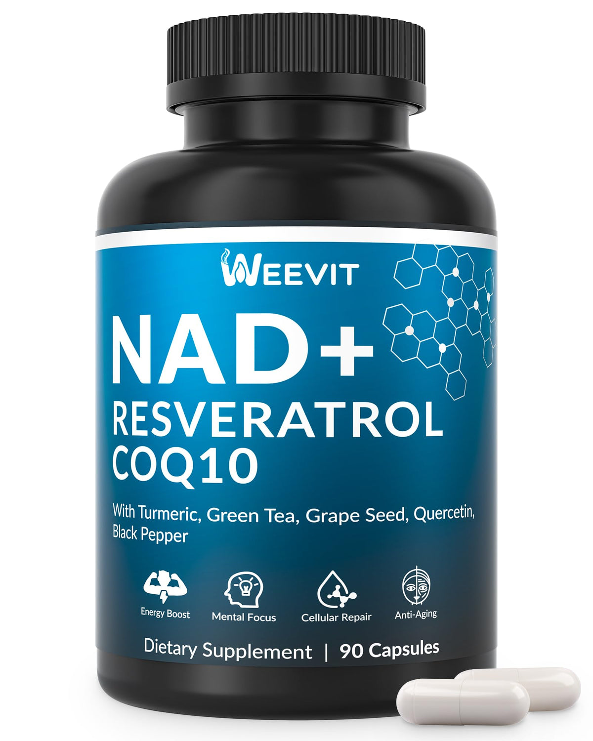 Weevit NAD+ capsule bottle caps for energy and focus.