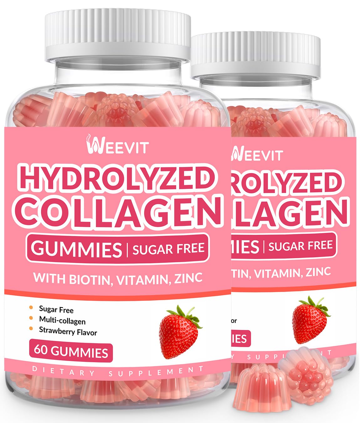 Weevit sugar-free collagen gummies bottle closeup promoting skin and nails.