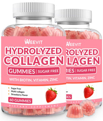 Weevit sugar-free collagen gummies bottle closeup promoting skin and nails.