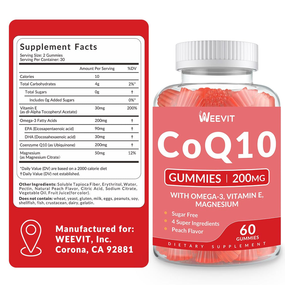 WEEVIT Peach-flavored gummies close-up, tasty omega-3 and CoQ10 pairing.