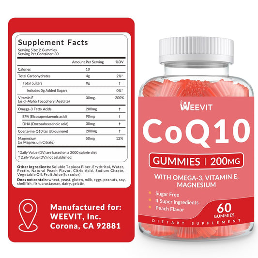 WEEVIT Peach-flavored gummies close-up, tasty omega-3 and CoQ10 pairing.