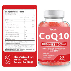 WEEVIT Peach-flavored gummies close-up, tasty omega-3 and CoQ10 pairing.