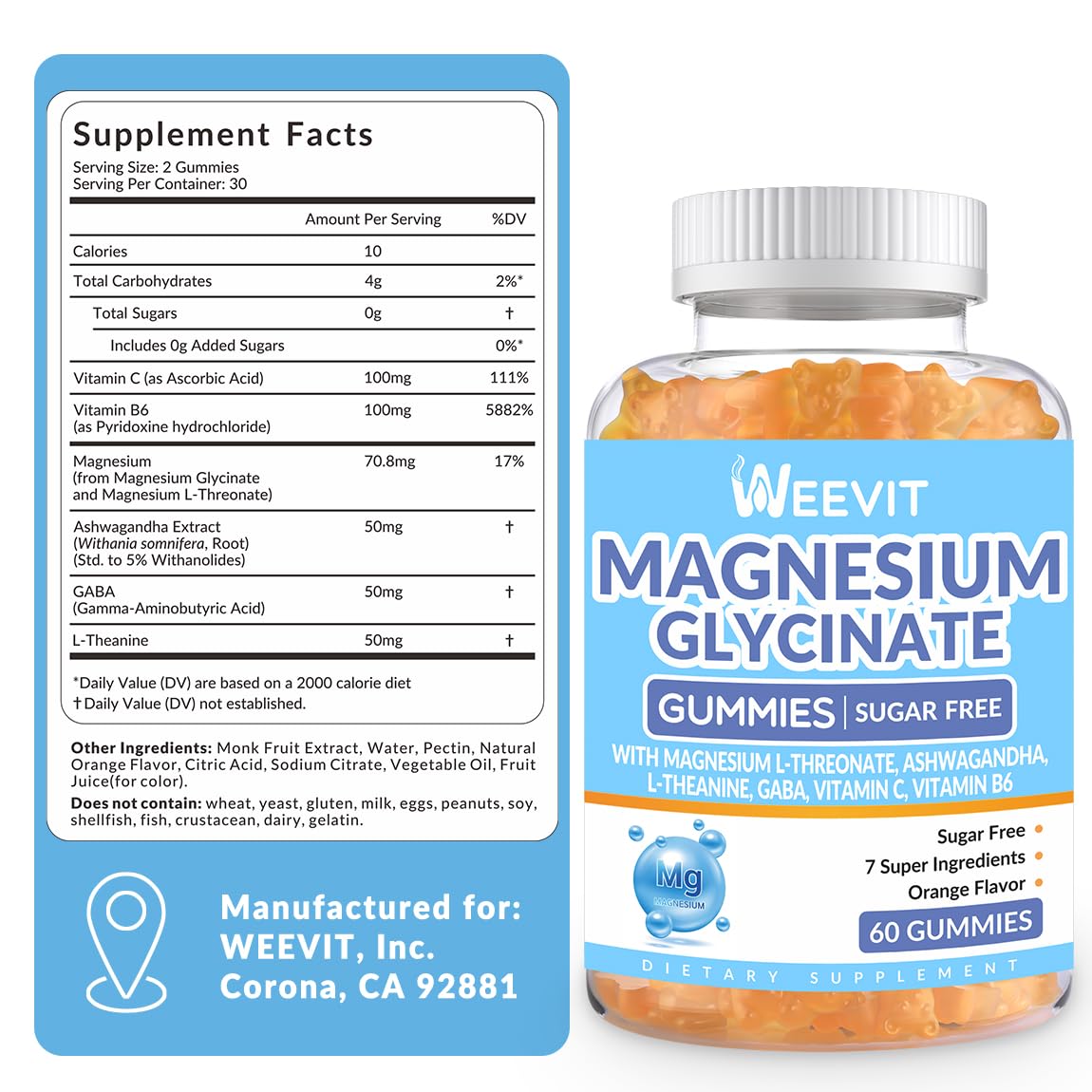 Weevit magnesium gummies ingredients panel shows Ashwagandha and L-Theanine
