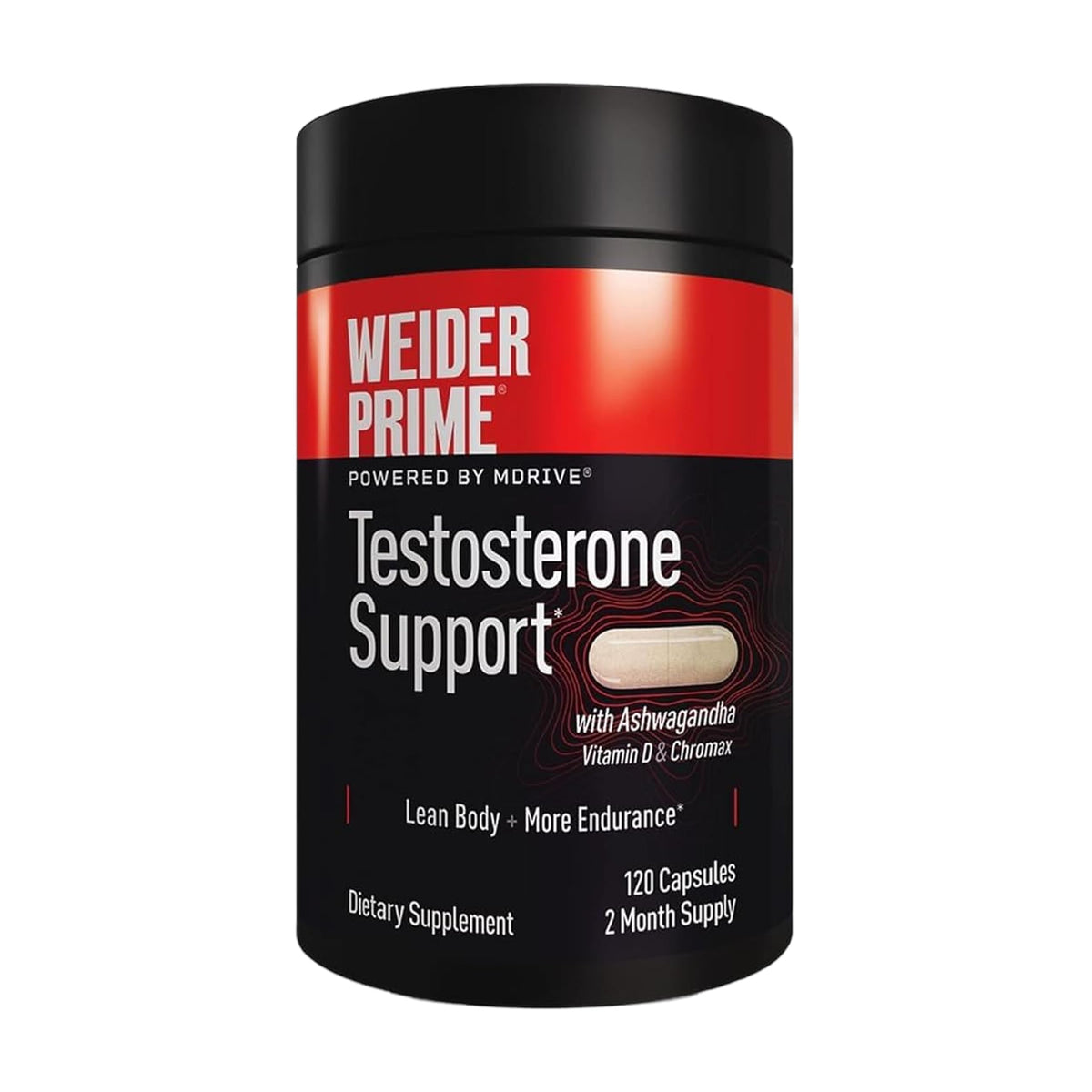 Weider Prime bottle front shows the testosterone support formula for daily energy