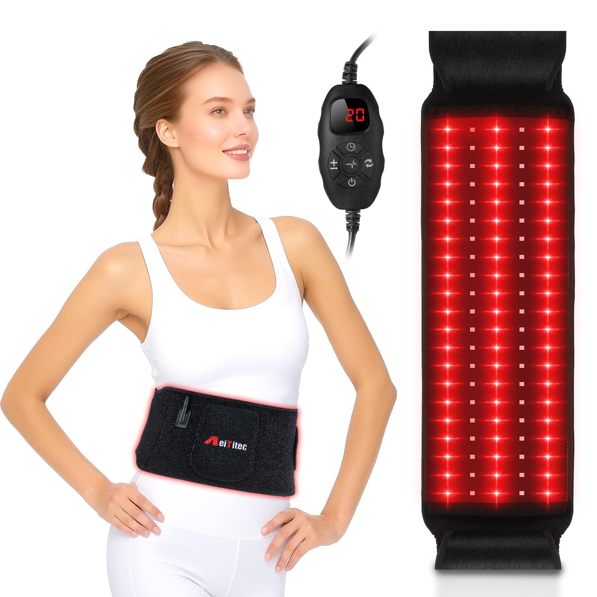 Weiyitec cordless red light therapy belt front view targets back relief and relaxation.