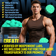 Wekannufod Creatine Monohydrate Gummies close-up highlights chewy texture and fruity flavor.
