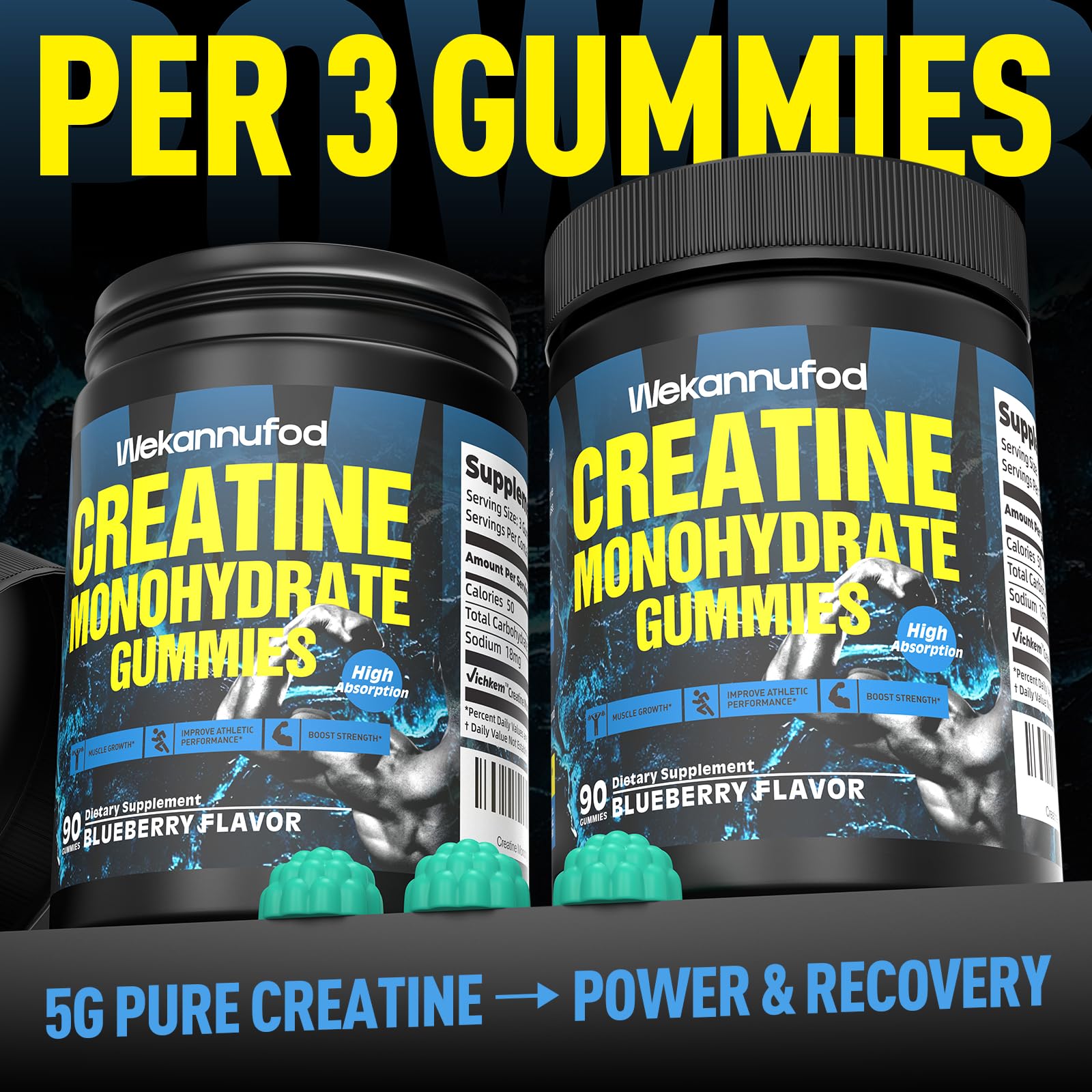 Wekannufod Creatine Monohydrate Gummies dose bottle emphasizes precise intake.