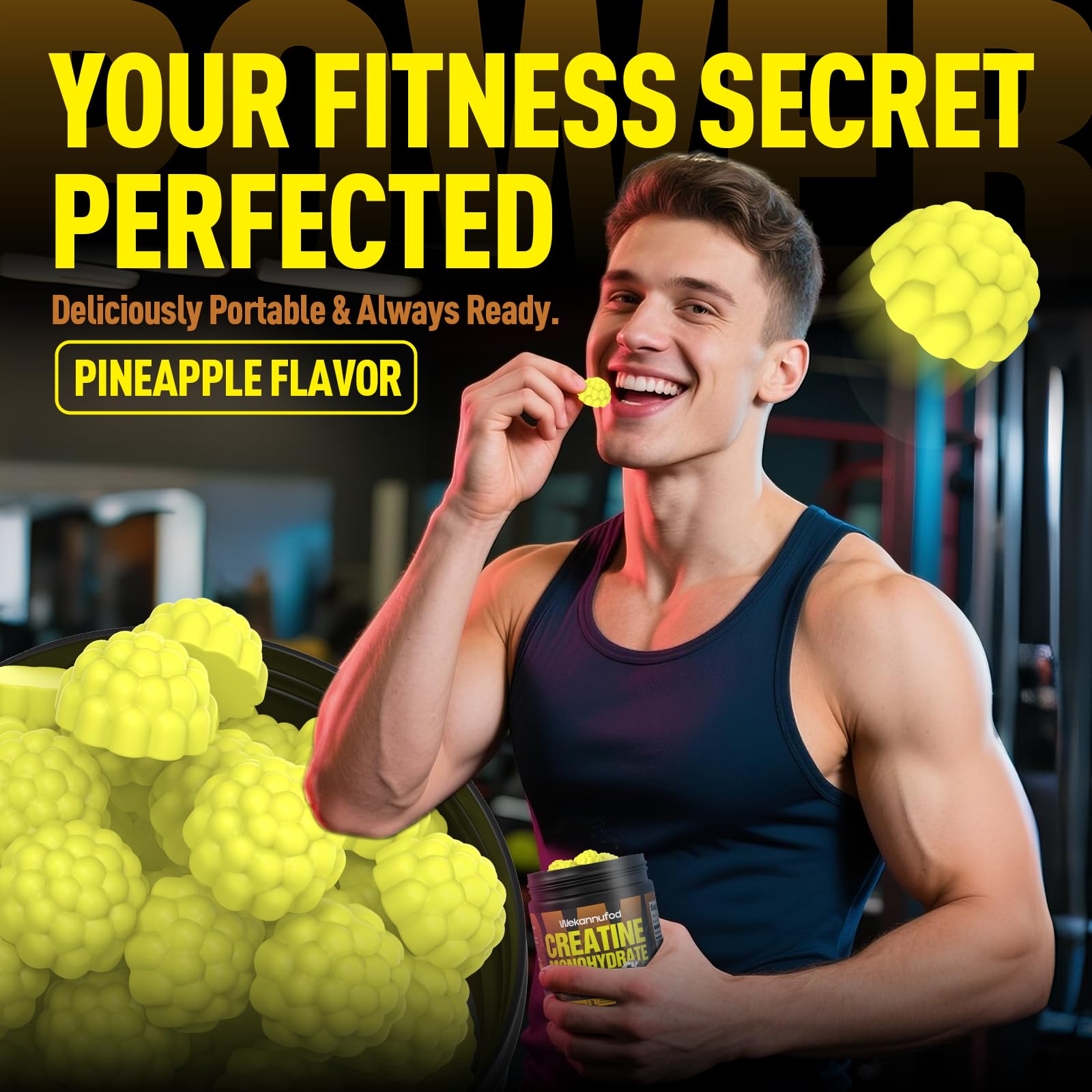 Gummies placed near gym gear to suggest athlete-friendly use.