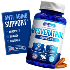 We Like Vitamins Resveratrol bottle showing 1000mg serving for daily antioxidant support.