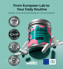 Welio Liposomal NAD+ 601mg GMP seal signaling quality.