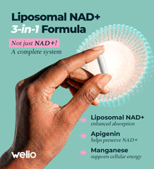 Welio Liposomal NAD+ 601mg label close-up highlighting purity and testing.
