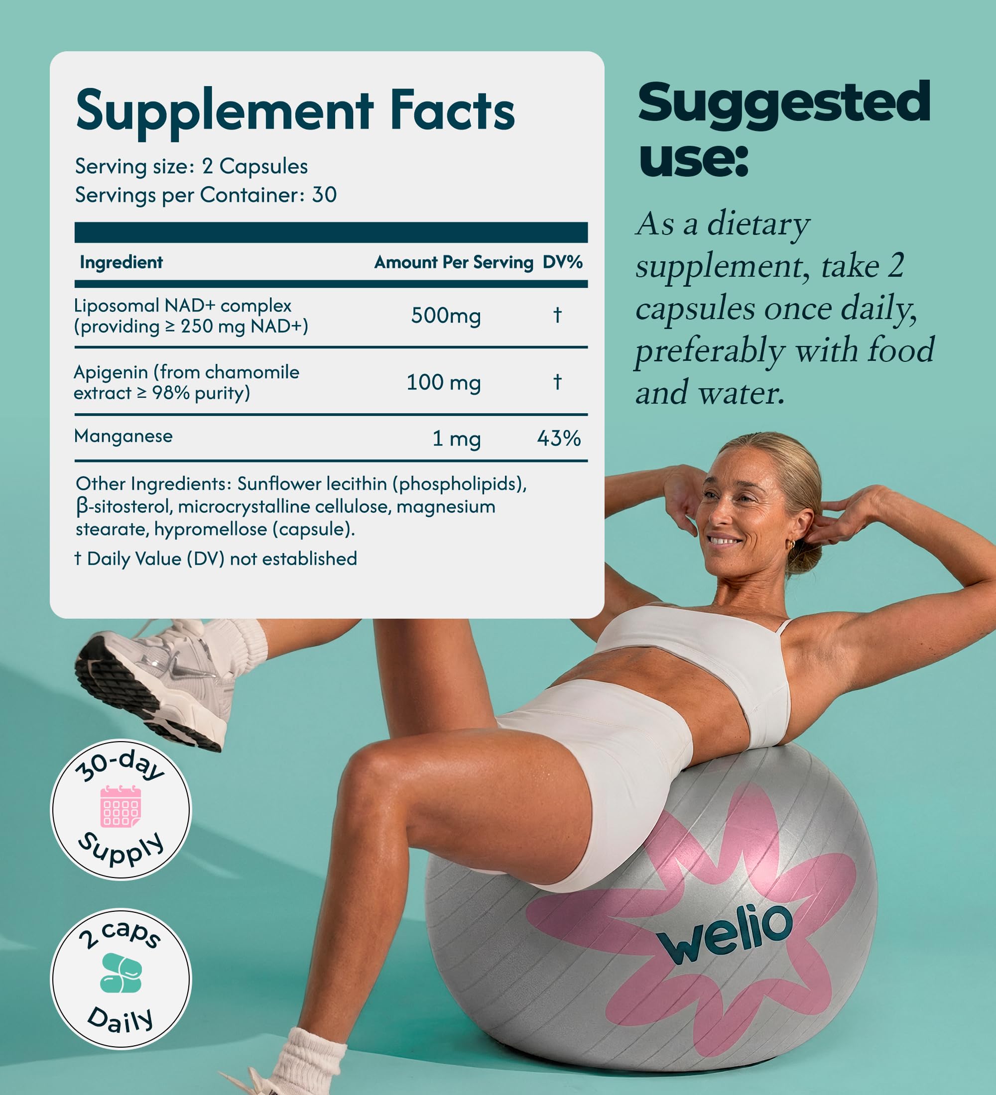 Welio Liposomal NAD+ 601mg premium packaging design.