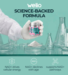 Welio Liposomal NAD+ 601mg glass with water showing easy intake.