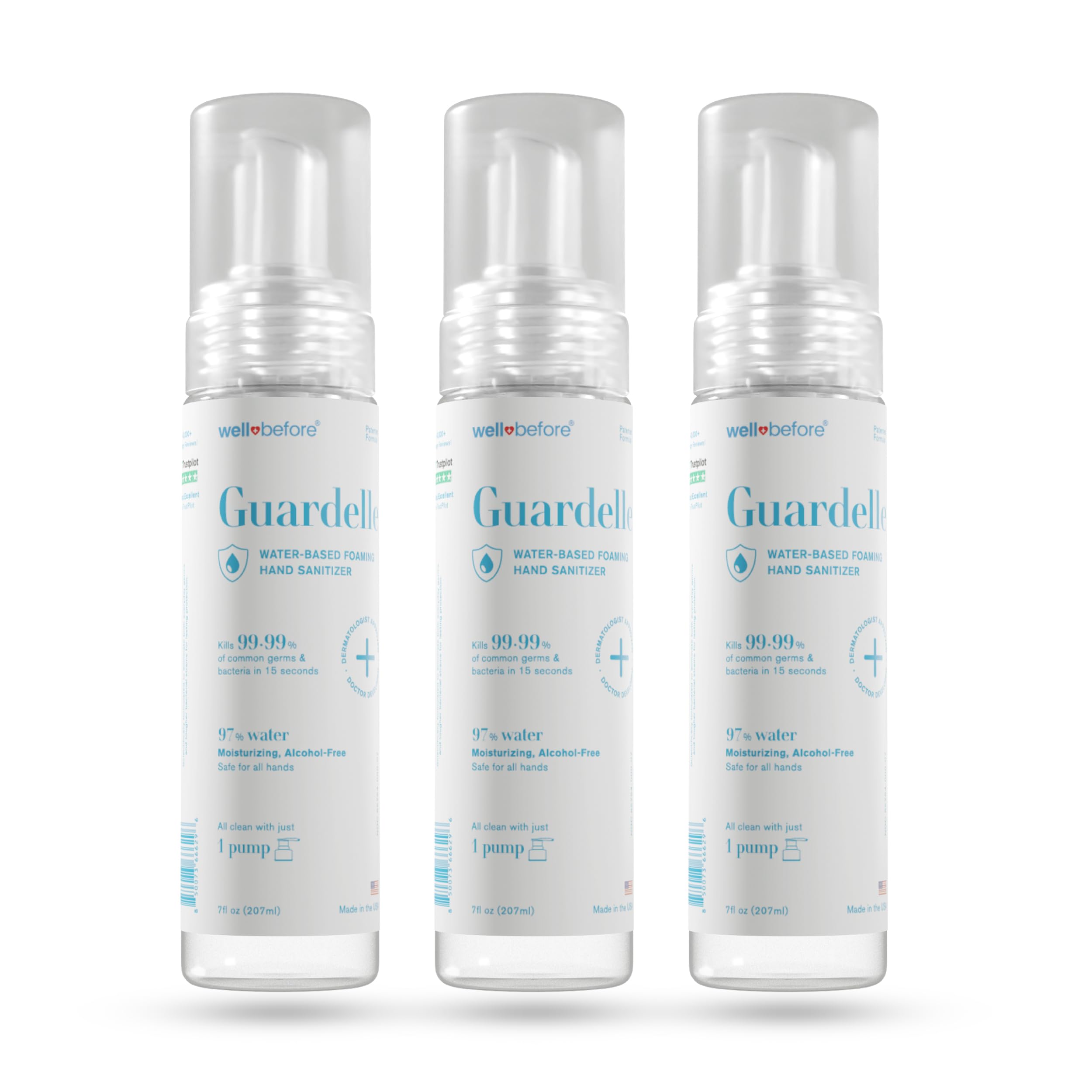 Well Before Guardelle foaming sanitizer pump bottle shows fast, even coverage.