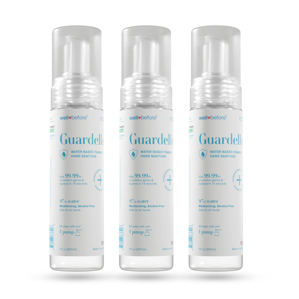 Well Before Guardelle foaming sanitizer pump bottle shows fast, even coverage.