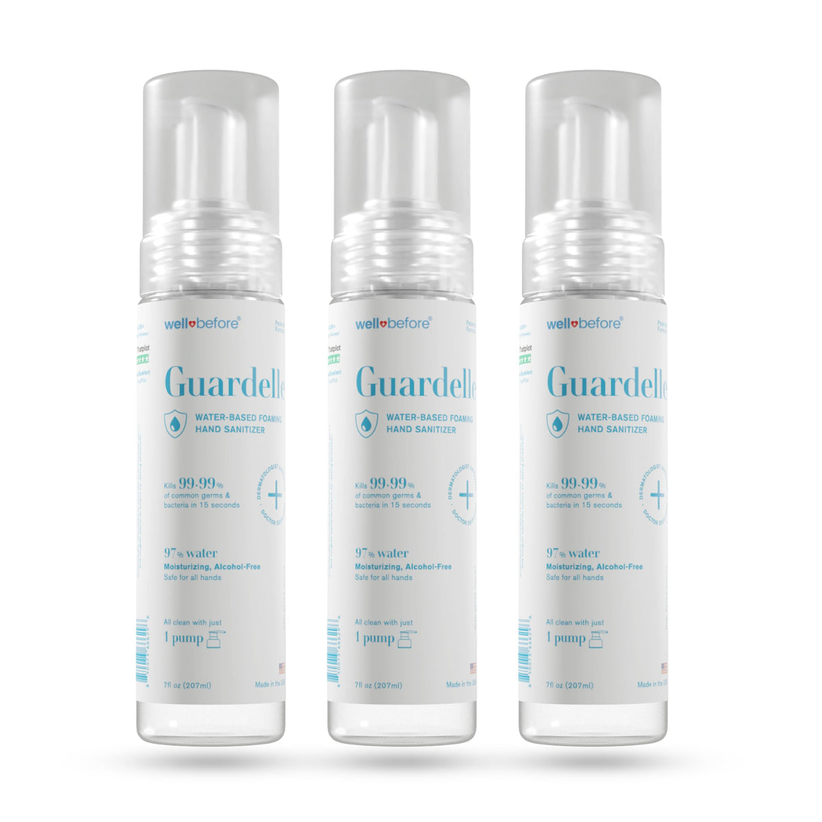 Well Before Guardelle foaming sanitizer pump bottle shows fast, even coverage.