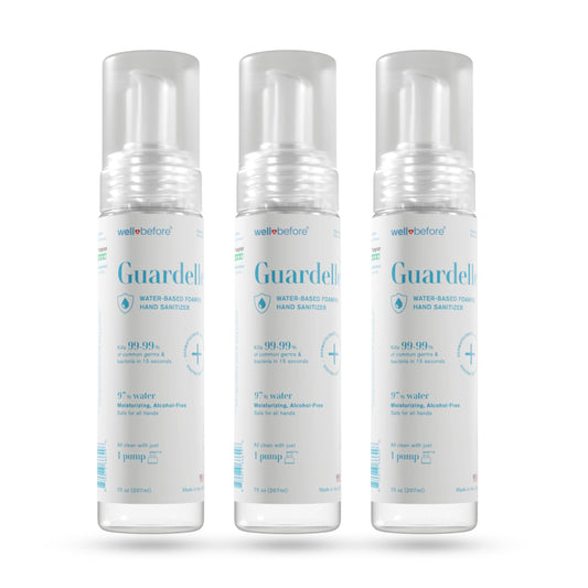 Well Before Guardelle foaming sanitizer pump bottle shows fast, even coverage.