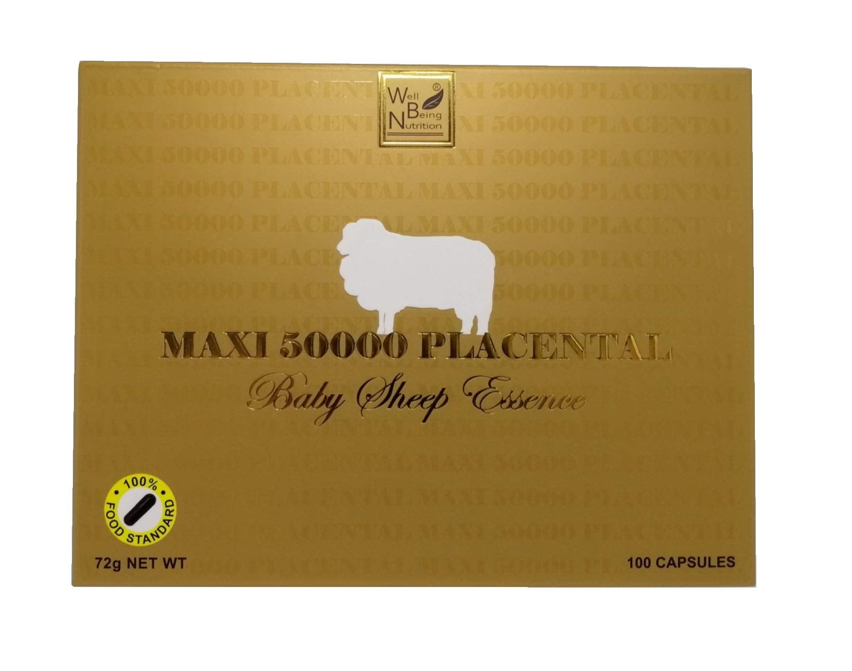 Well Being Nutrition Wealthy Health placenta capsules bottle close-up highlighting high potency