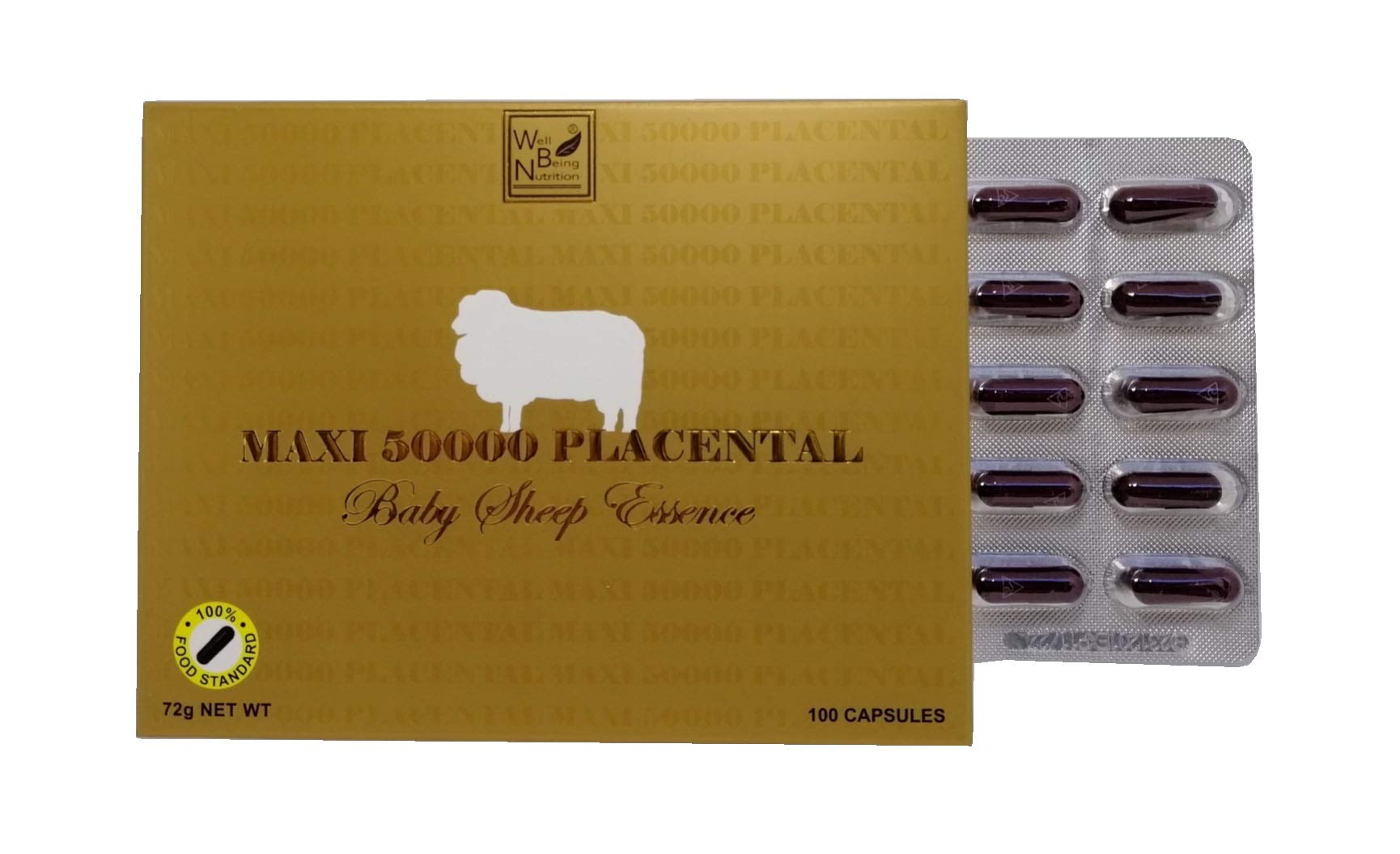 Well Being Nutrition Wealthy Health placenta capsules front view for daily vitality