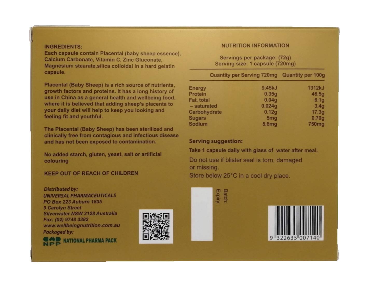 Well Being Nutrition Wealthy Health placenta capsules label indicates Australian-made quality