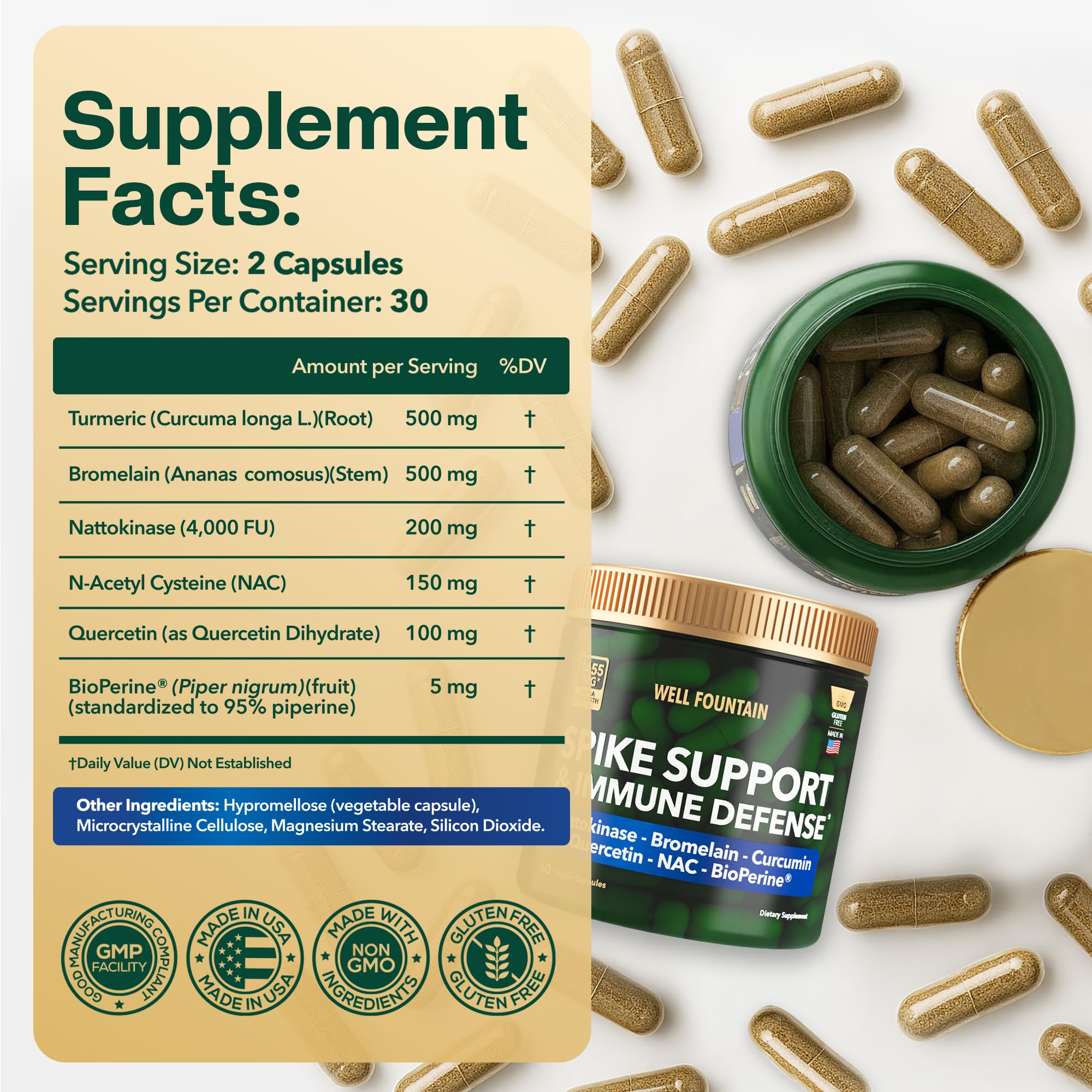 WELL FOUNTAIN NAC capsules beside ingredients for convenient daily routine.