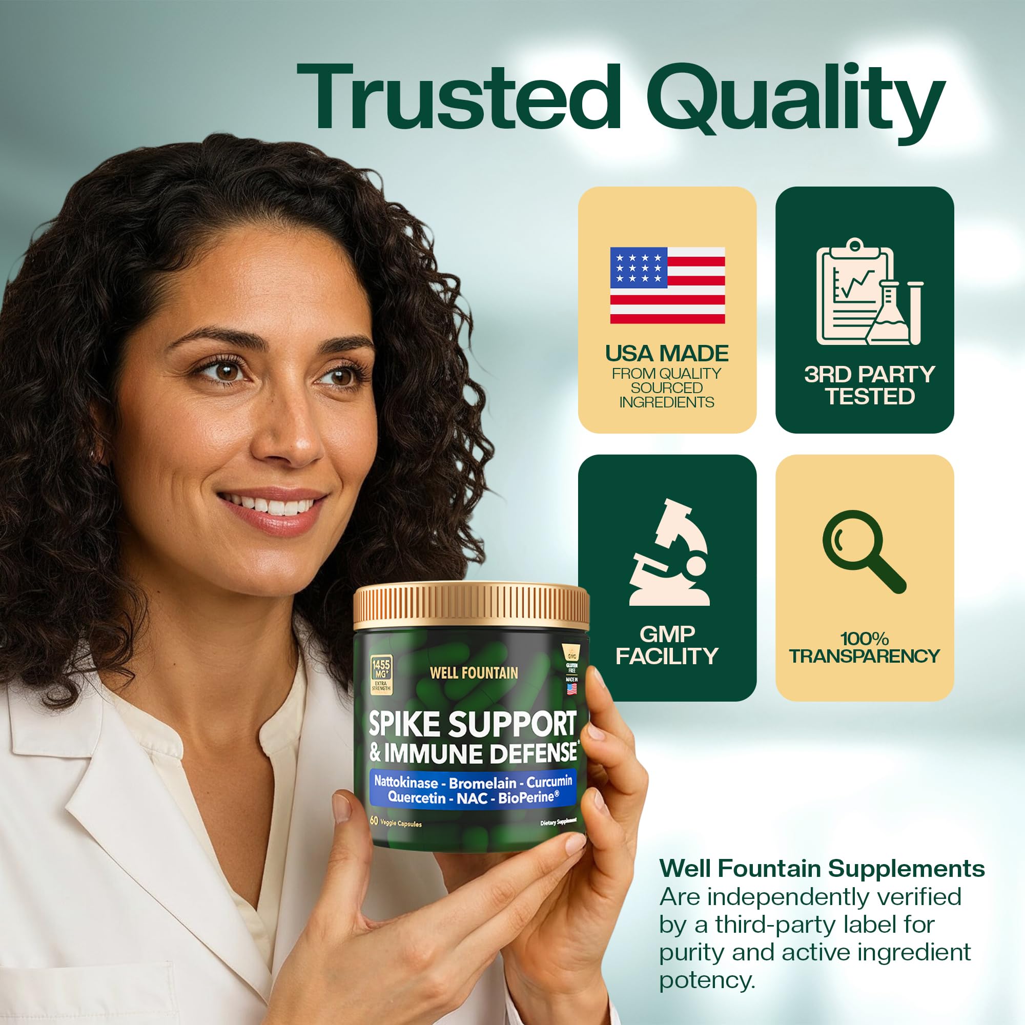 WELL FOUNTAIN USA-made GMP badge on bottle label promoting trust.