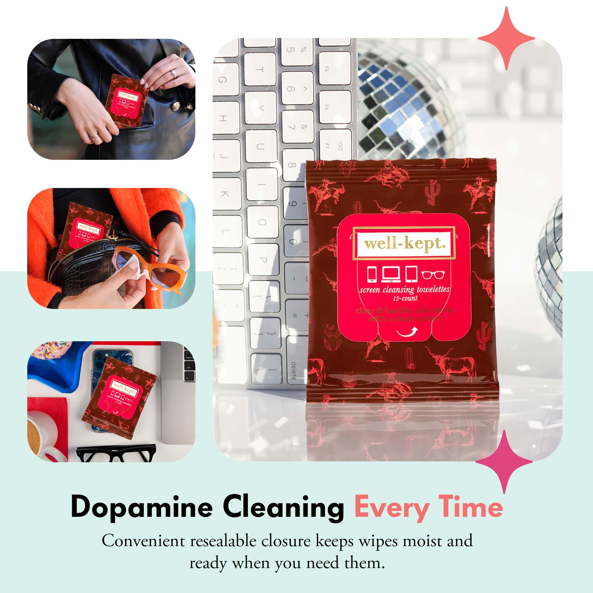 Well-Kept multi-surface wipes safely clean glasses, cameras, and keyboards.