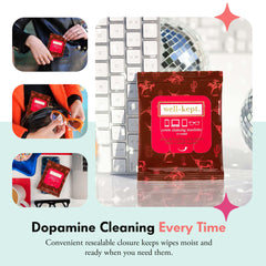 Well-Kept multi-surface wipes safely clean glasses, cameras, and keyboards.
