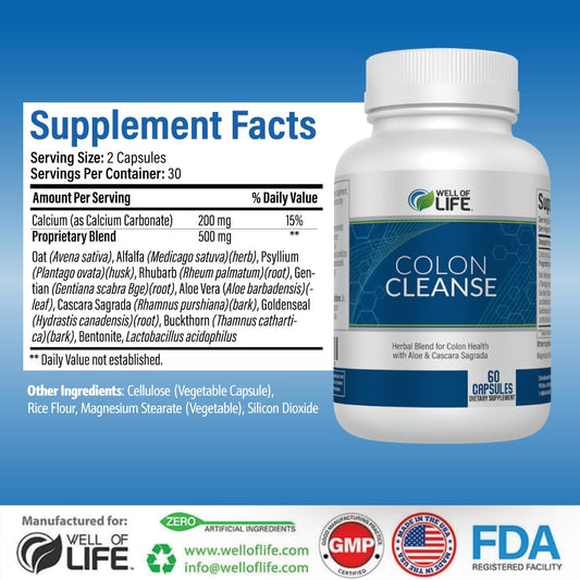 Well of Life Colon Cleanse bottle label displays 700mg herbal blend.