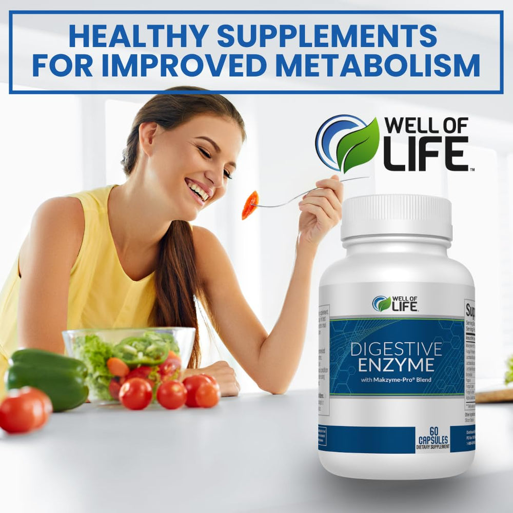 Well of Life Digestive Enzyme bottle pour, easy to take with meals.
