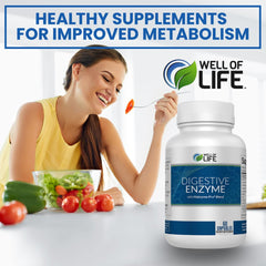 Well of Life Digestive Enzyme bottle pour, easy to take with meals.