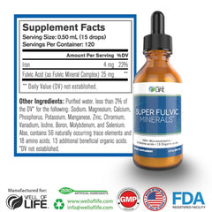 Label on Well of Life Fulvic Minerals bottle shows USA-made purity