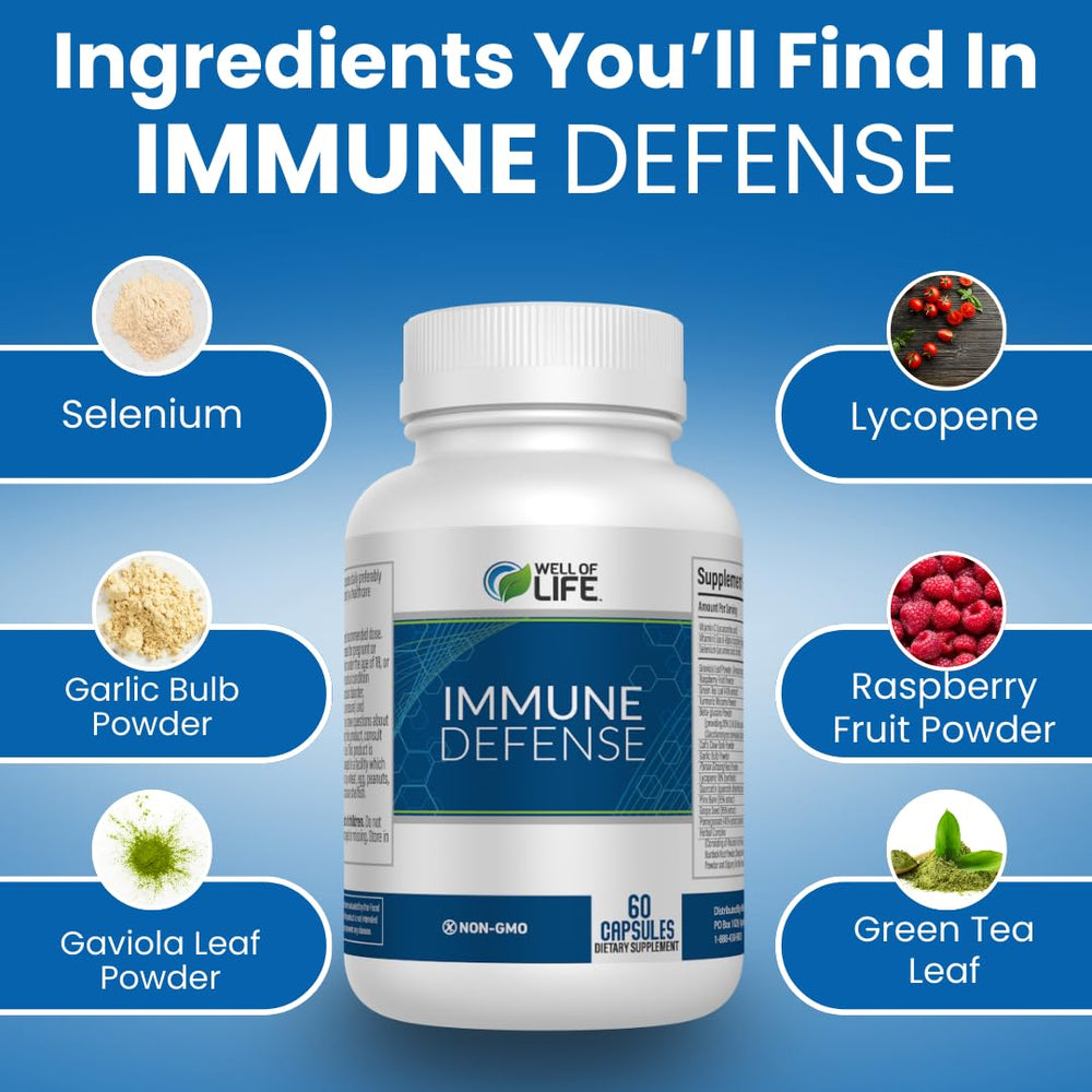 Well of Life Immune Defense 600mg ingredients: garlic, turmeric, and green tea in a vegan blend for support
