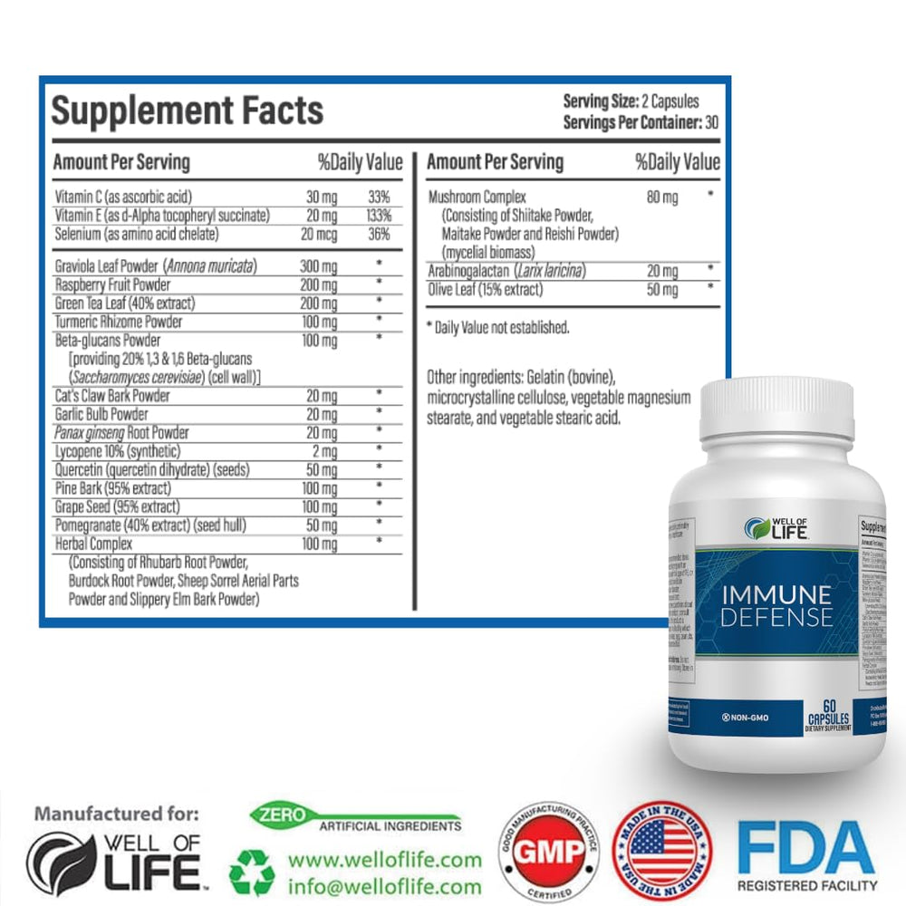 Close-up of Well of Life Immune Defense 600mg label, noting vegan, non-GMO formulation for immune wellness