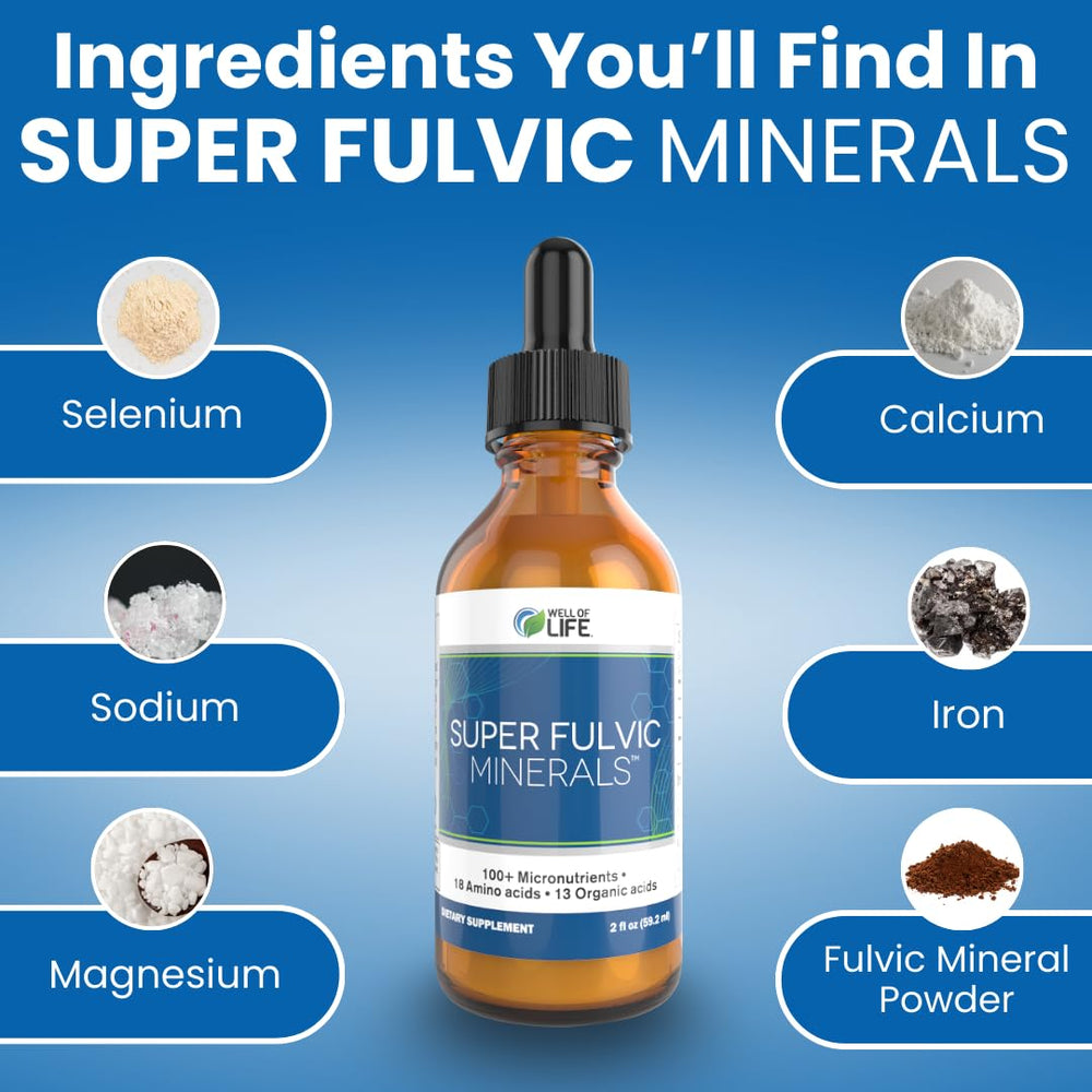 Gut health icon beside Well of Life Super Fulvic Minerals bottle
