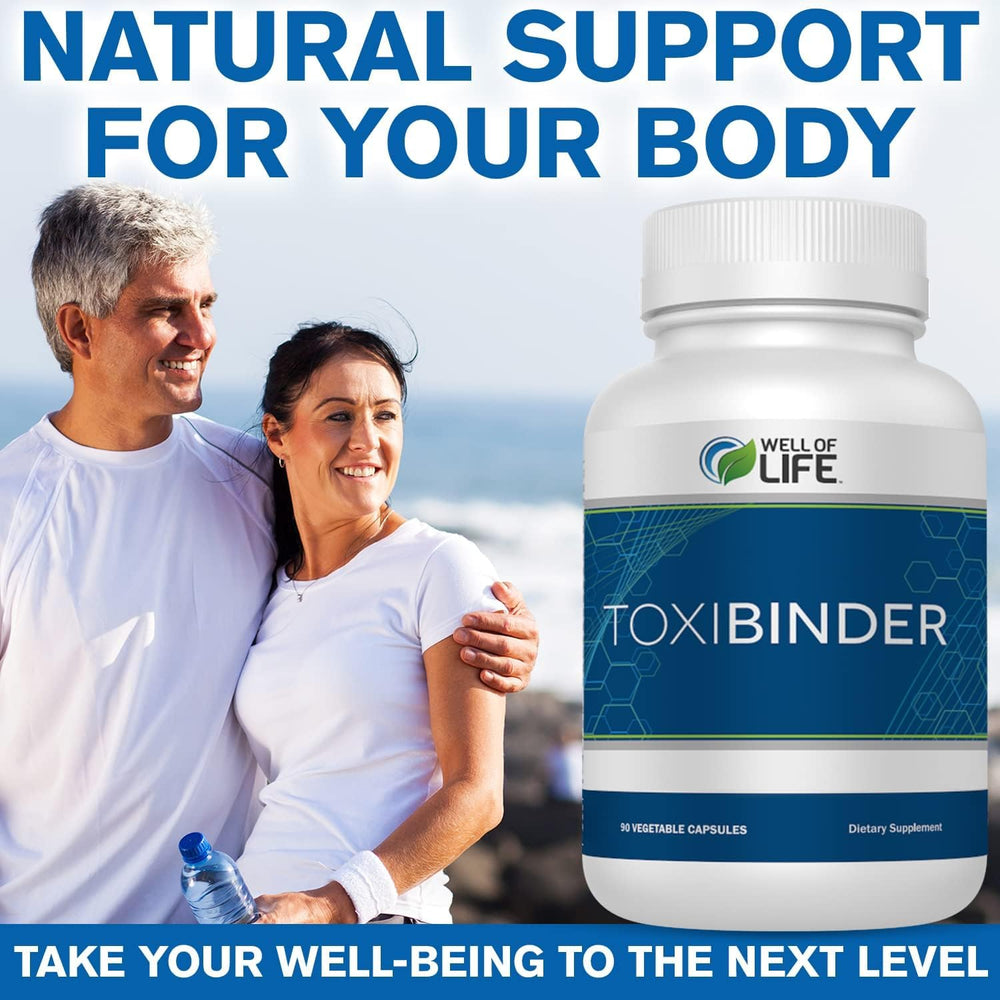 Well of Life ToxiBinder capsules closeup with nutrient support.
