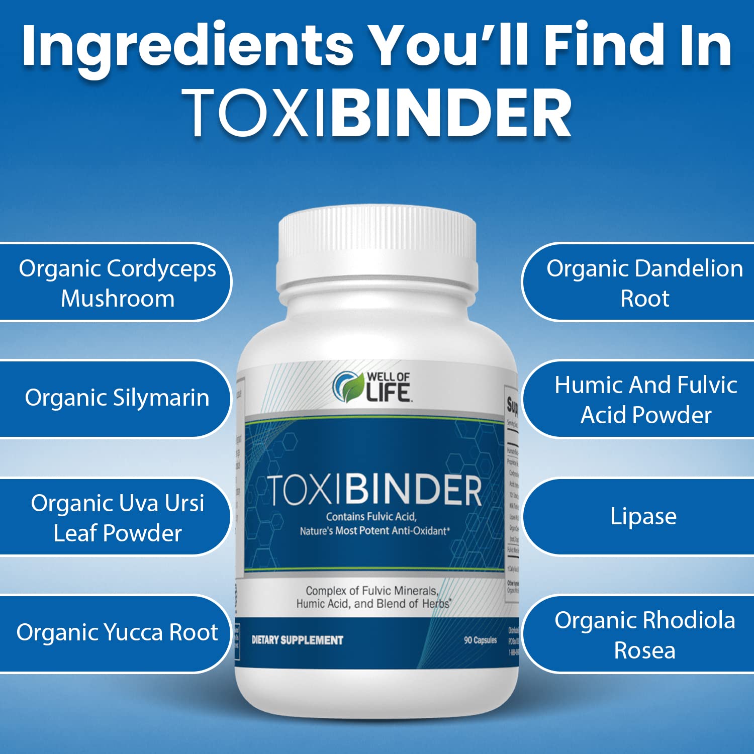 Well of Life ToxiBinder in-use with glass of water for daily routine.